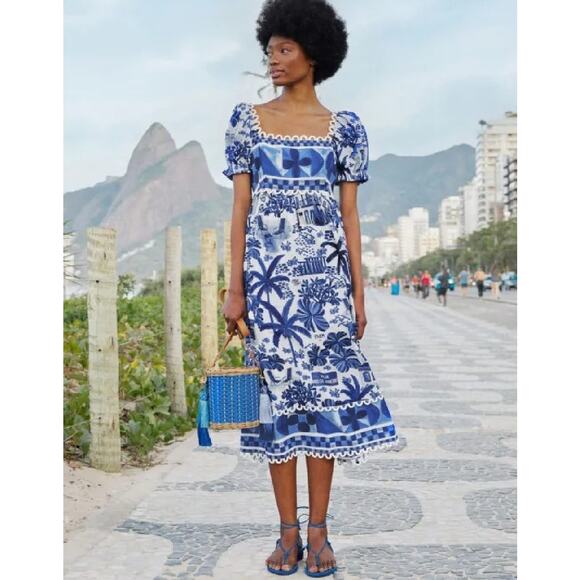 FARM Rio Dresses & Skirts - FARM RIO Sweet Rio Midi Dress Small Puff Sleeve Blue Tropical Graphic Print